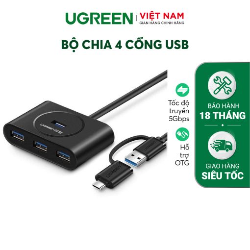 Bộ chia cổng USB 3.0/ Type C sang 4 cổng USB 3.0 UGREEN 40850 - Tốc độ truyền lên đến 5Gbps, đèn led hiển thị hoạt động