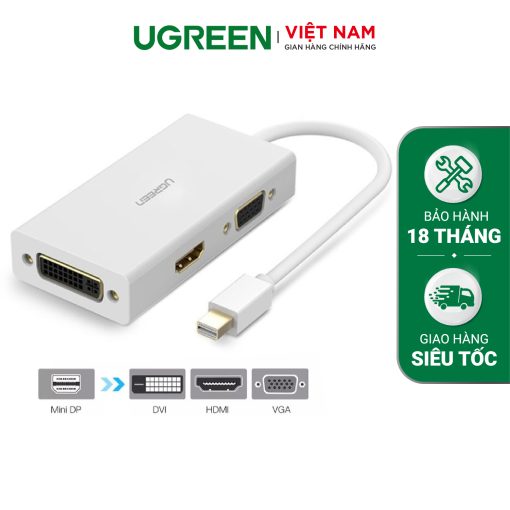 Bộ chuyển đổi Mini DP UGREEN MD114 - Chuyển sang HDMI, DVI, VGA - Hỗ trợ độ phân giải 4K*2K@30Hz - Màu trắng cổ