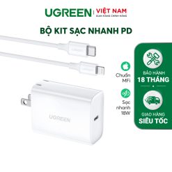 Bộ sạc nhanh iPhone UGREEN 70293 Sạc nhanh PD 18W và cáp Type C ra Lightning chuẩn MFI