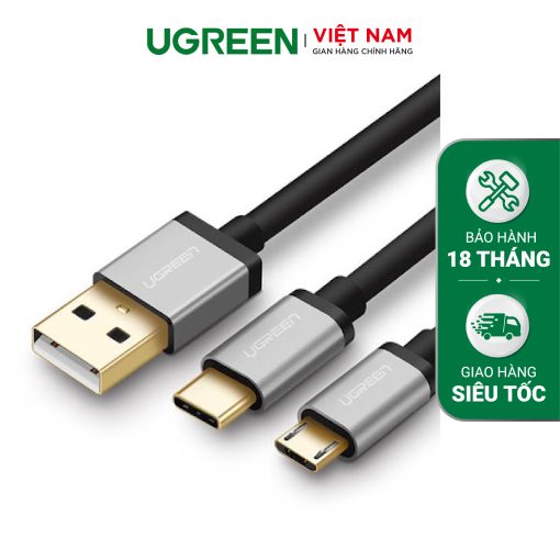 Cáp sạc nhanh 2 trong 1  UGREEN US196 - Sạc nhanh QC 3.0 2.0 cổng Micro USB và Type C - Màu đen ghi- đầu nhôm-Type C + Micro USB-1