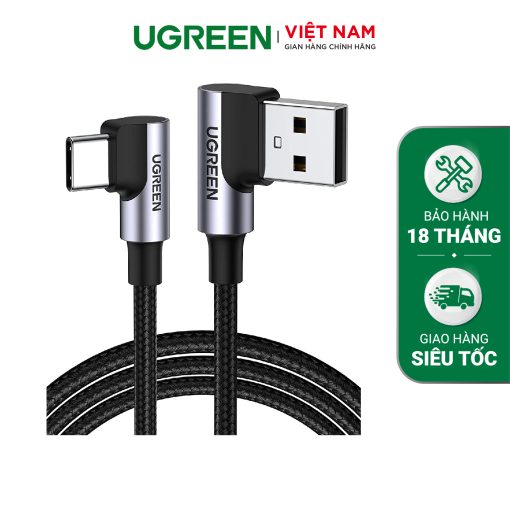 Cáp sạc Type C UGREEN US176 - Đầu bẻ góc 90 độ chống gập gãy -Dây bện dài 0.5-2m - 2m-đen-bện-20857