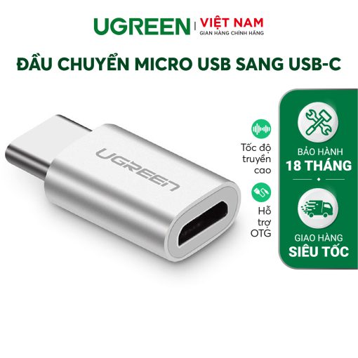 Đầu chuyển Micro USB  sang USB type C hỗ trợ chức năng OTG cho One plus 6 5 Xiaomi mi 8 Huawei.. UGREEN US157 - Màu trắng cổ