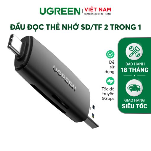 Đầu đọc thẻ nhớ SD/TF 2 trong 1 UGREEN 80191 USB-A & Type-C ​- Tốc độ truyền 5Gbps, khả năng tương thích rộng