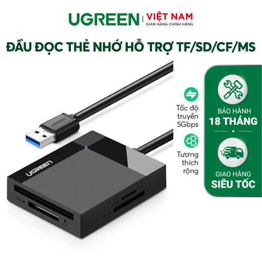 Đầu đọc thẻ USB3.0 UGREEN 30231 Hỗ trợ thẻ TF/SD/CF/MS dài 1m