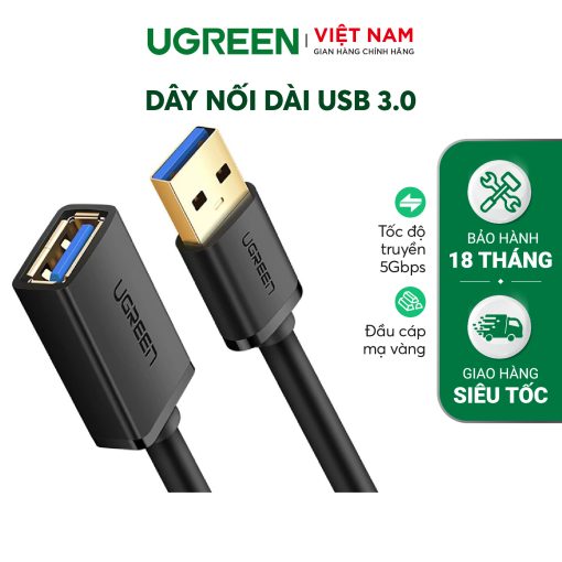 Dây nối dài USB 3.0 dạng dây dẹt và tròn, dài 1-3M, tốc độ truyền tải lên đến 5Gbps UGREEN US129 - 3m-đen