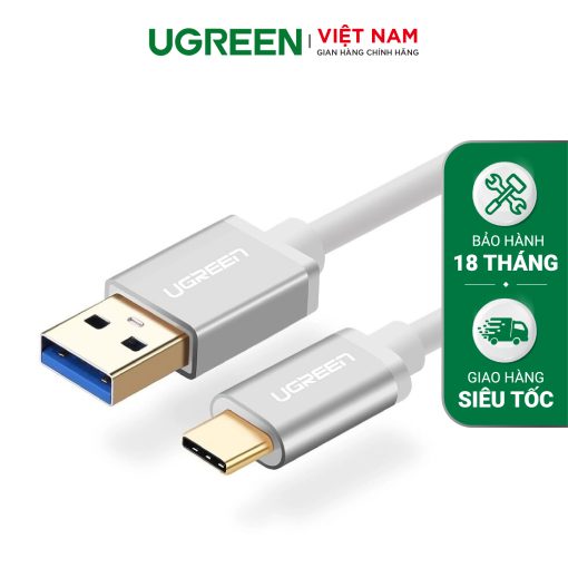 Dây USB 3.0 đầu đực sang USB type C đầu đực dài 1m chính hãng UGREEN US187 30466 (màu trắng bạc)(Bạc)