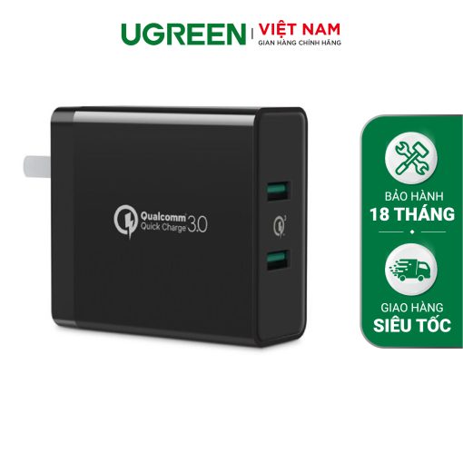 Sạc nhanh 2 cổng UGREEN CD161 - Sạc nhanh Quick Charge 3.0, tối đa 18W mỗi cổng - Sạc nhanh cho Samsung S9 S9+ S8 S8+ S7, Huawei Mate 10 P10, Oneplus 5T, Nexus 5X 6P, Xiaomi - Đen