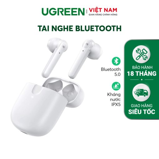 Tai nghe Bluetooth 5.0 TWS UGREEN 80652 - Âm thanh Hifi True Wireless - Chống ồn - Thời lượng pin 20 giờ - Hỗ trợ sạc không dây - Trắng 80652