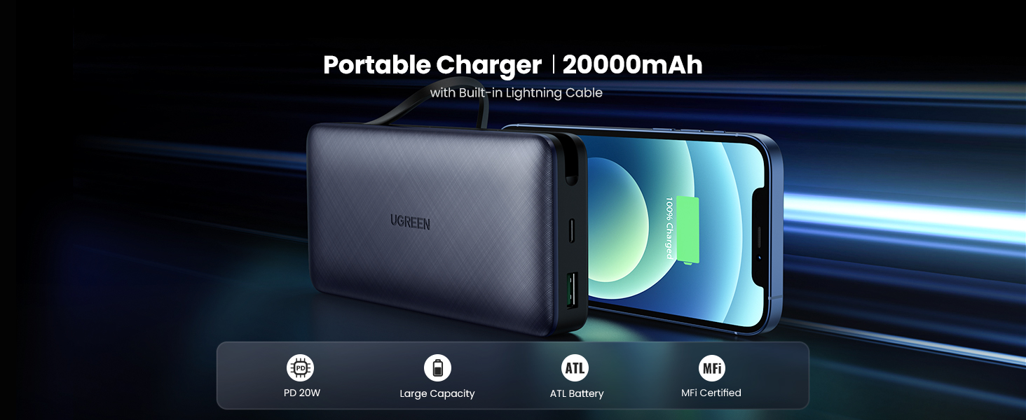 Pin sạc dự phòng Ugreen 10400 tích hợp cáp lightning